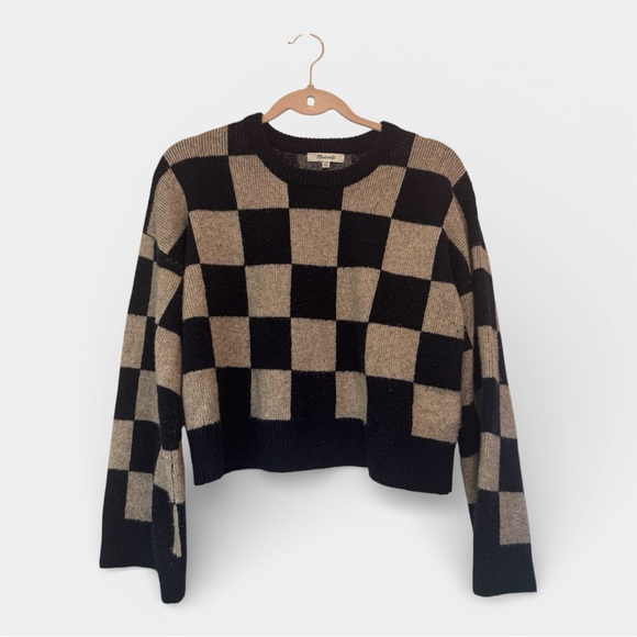 Madewell Navy and Beige Checkered Sweater Wide Sleeves Cropped Comfy Indie - Picture 2 of 5